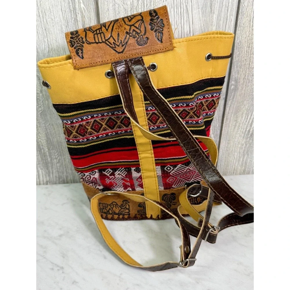 Cajamarca Peru Leather Woven Backpack Andean Llama Embossed Boho Rucksack Bag